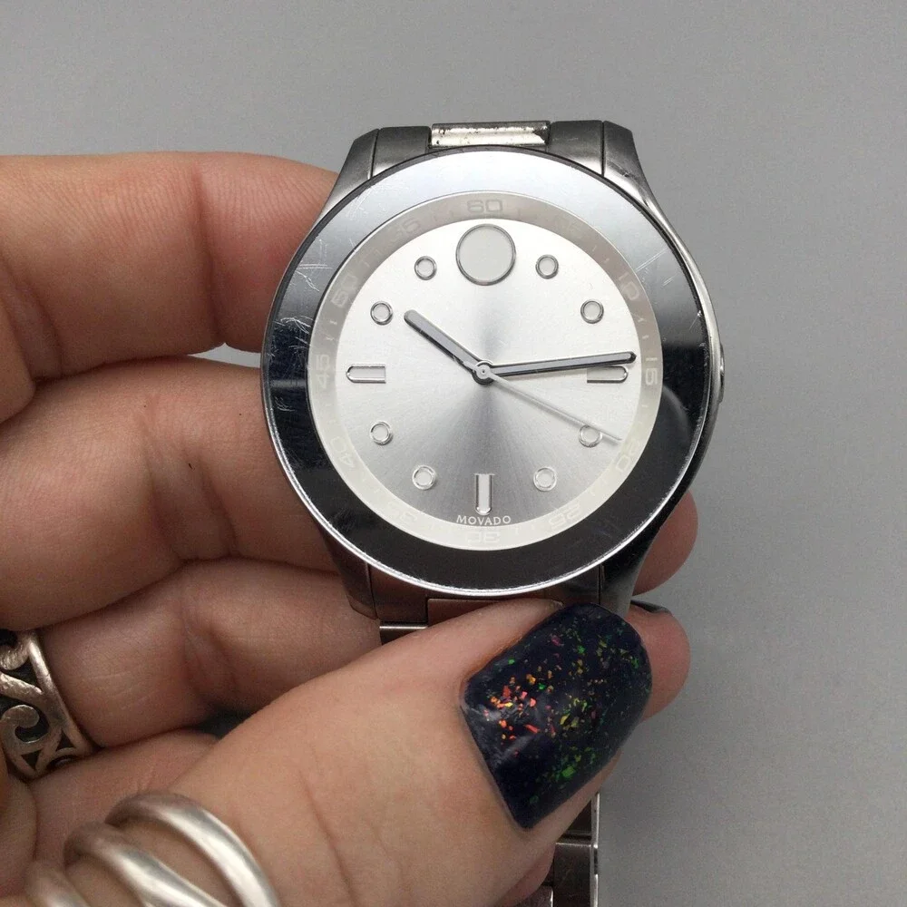 Movado Bold Womens Watch 36mm Silver Tone Black Bezel New Battery 7.25